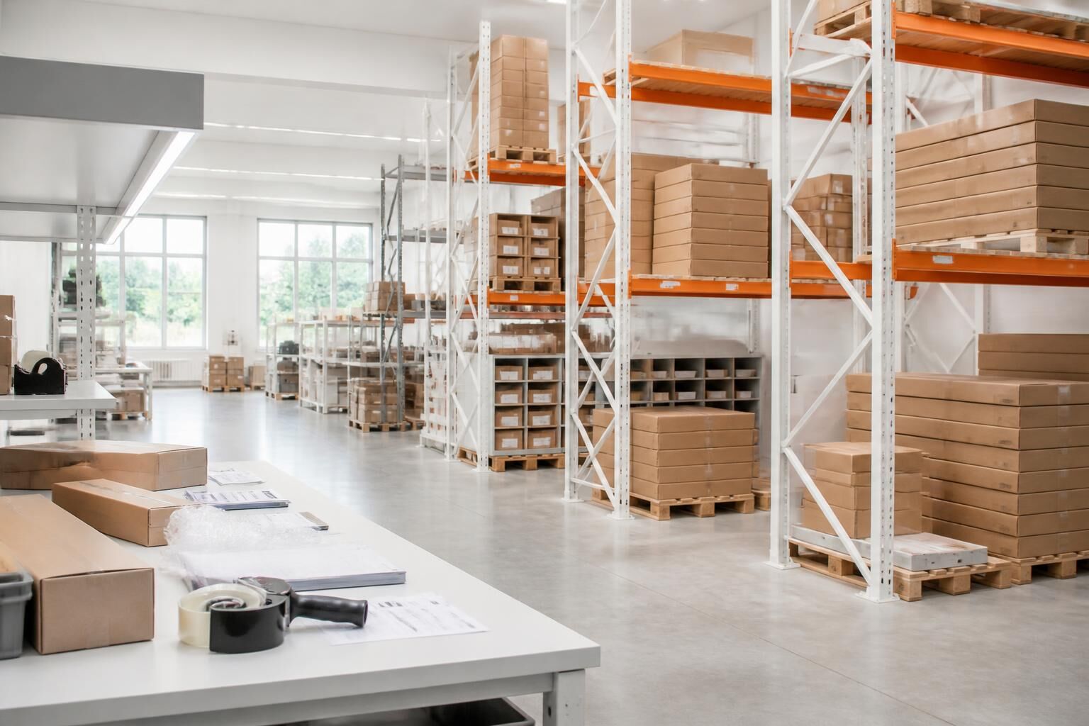 Bright European distribution warehouse with wheels and component cartons on shelves